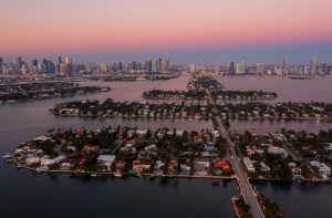 Aerial view of Star Island luxury estates at sunset, Miami Beach