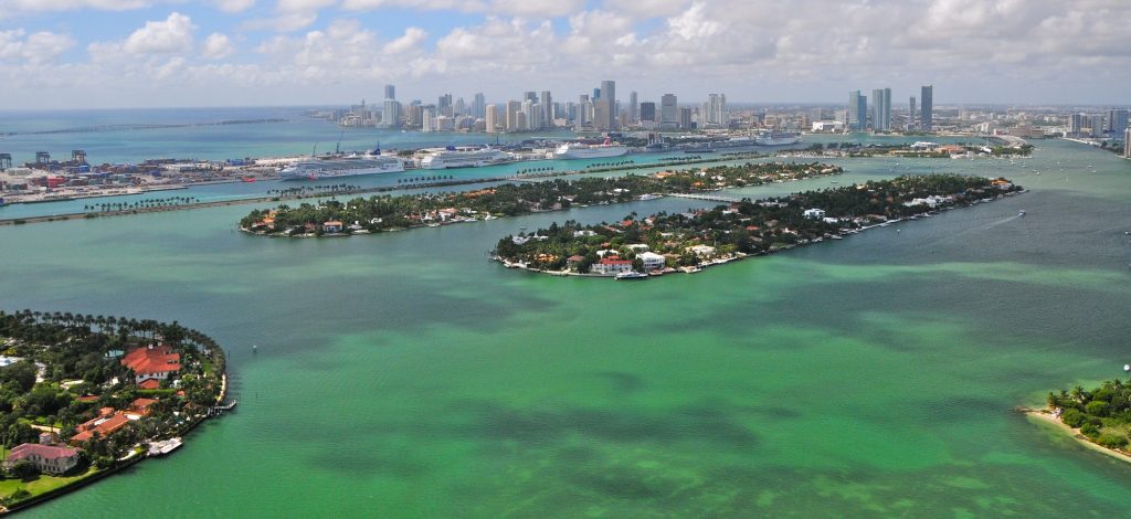 Aerial view of the Venetian Islands and Miami skyline