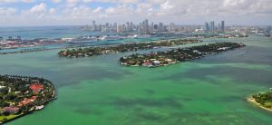 Aerial view of the Venetian Islands and Miami skyline
