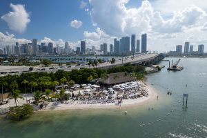 Miami skyline waterfront with beach club on Biscayne Bay