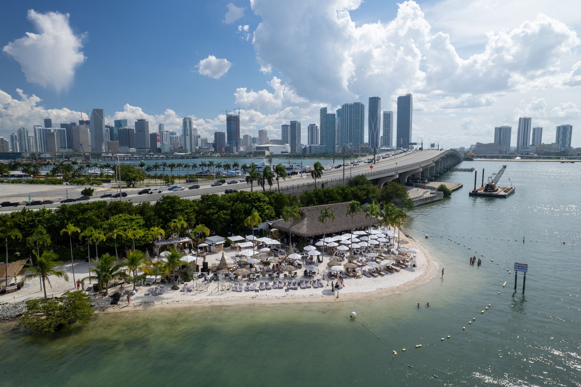 Miami skyline waterfront with beach club on Biscayne Bay
